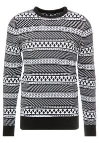 Sweter dziany z czarno-białym geometrycznym wzorem. Posiada okrągły dekolt oraz teksturowane mankiety i dół.
