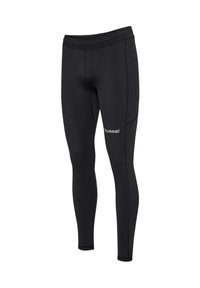 Zwarte sportleggingen met een aansluitend ontwerp, elastische tailleband, contrasterende stiksels en een klein logo aan de zijkant.