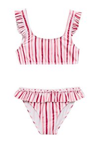 Črtasta bikinka s nabranimi detajli; zgornji del ima široke naramnice, spodnji del pa ruffles obrobje. Barve so v odtenkih roza in bele.
