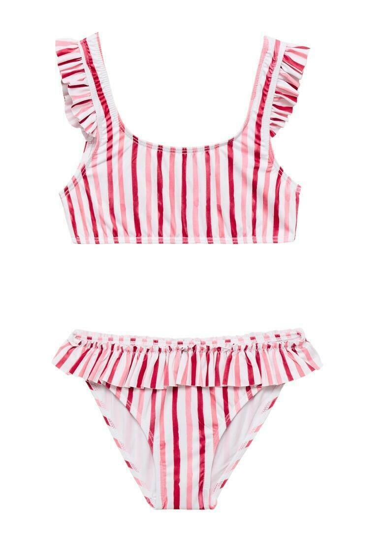 Črtasta bikinka s nabranimi detajli; zgornji del ima široke naramnice, spodnji del pa ruffles obrobje. Barve so v odtenkih roza in bele.