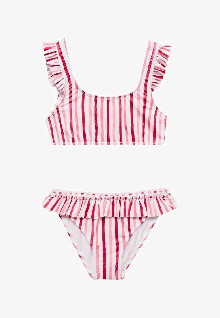 Set di bikini a righe con dettagli arricciati; il top ha spalline larghe e il fondo presenta un bordino arricciato. I colori sono tonalità di rosa e bianco.