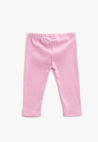 Różowe, ribbed legginsy z elastycznym pasem, dopasowanym krojem i gładką teksturą. Bez wyraźnych wzorów ani akcentów.