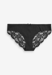Zwarte kanten string met een gladde voorkant en ingewikkelde bloemengehaakte achterkant. Bevat gegolfde randen en een kleine centrale strikaccent.