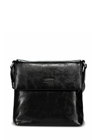 Sac bandoulière noir en similicuir texturé. Dispose d'un rabat de fermeture et d'un logo à l'avant, avec une bandoulière réglable.