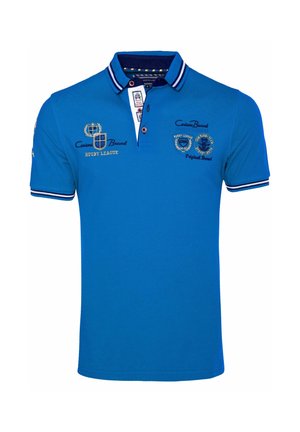 Blaues kurzärmeliges Polohemd mit gestreiftem Kragen und Bündchen, bestickten Rugby-League-Logos und knöpfbarer Blende.