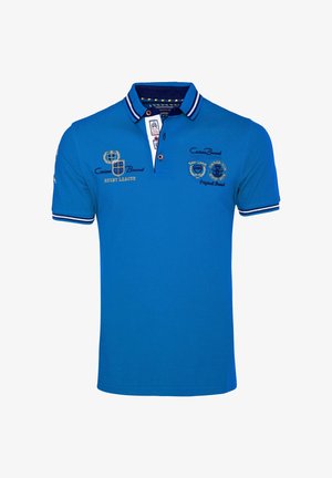Blå kortærmet poloshirt med stribet krave og manchetter, broderede rugby league logoer og knappet stolpelukning.