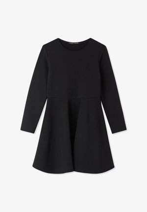 Abito nero a maniche lunghe con corpetto aderente e gonna svasata. Realizzato in materiale liscio ed elastico. Scollo rotondo senza elementi hardware visibili o motivi.