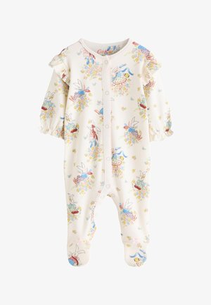 Cremefarbener Baby-Strampler mit buntem Hasen- und Blumenprint, Druckknöpfen vorne und gerafften Schulterdetails.