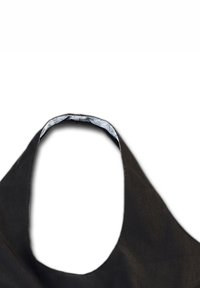 Haut en tissu noir à col halter avec un décolleté arrondi. L'intérieur présente une doublure gris clair avec un motif abstrait subtil.