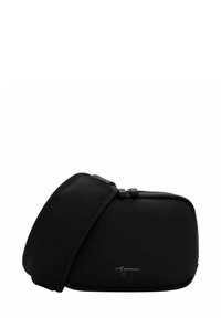 Black crossbody bag made of smooth material, featuring a rectangular shape, adjustable strap, and a minimalistic logo detail.