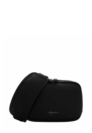 Black crossbody bag made of smooth material, featuring a rectangular shape, adjustable strap, and a minimalistic logo detail.