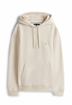Beige Kapuzenpullover mit Fronttasche, Kordelzug an der Kapuze, gerippten Bündchen und Saum sowie einem dezenten, aufgestickten Logo auf der Brust.