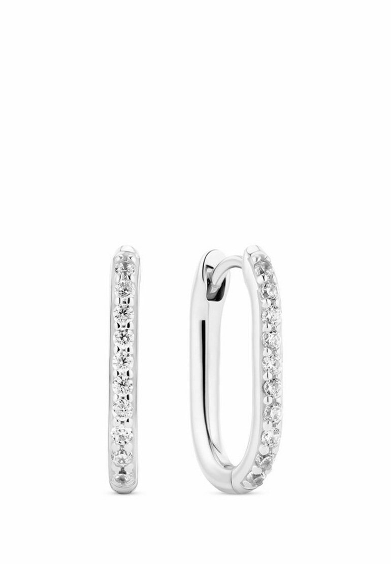 Sök silverörhängen med en rad små, klara kristaller längs framkanten; slät, rundad form med en polerad yta.