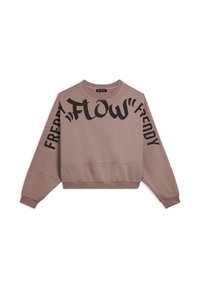 Sudadera corta de color marrón claro con texto negro "FLOW" y "FREDDY". Presenta un cuello redondo y mangas largas con hombros caídos.
