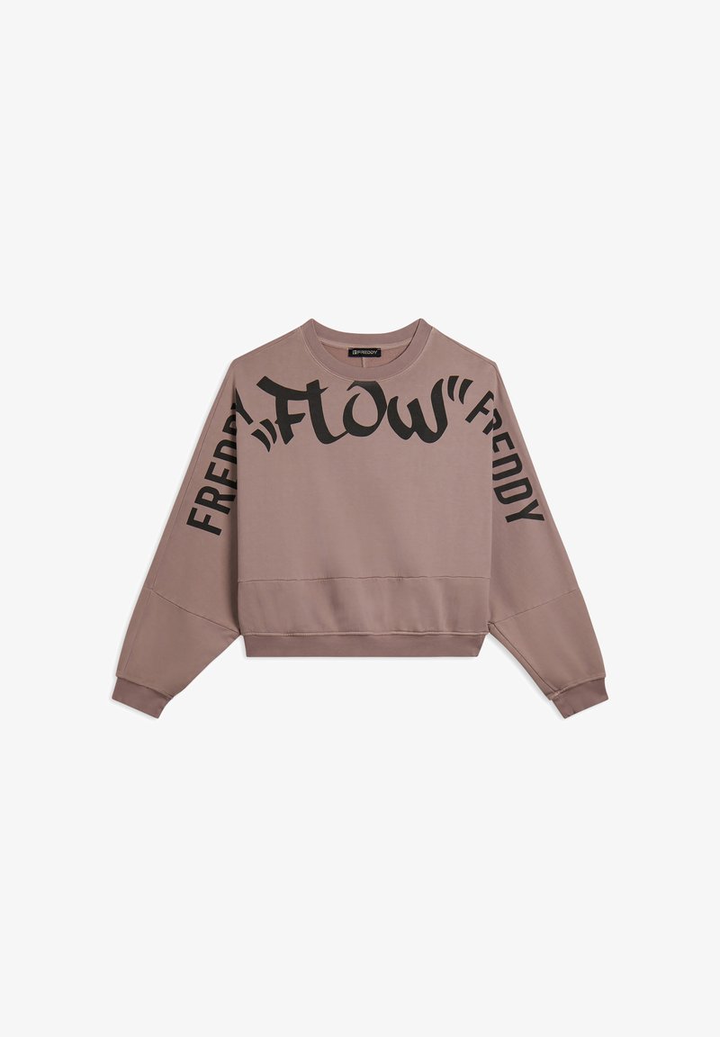 Sudadera corta de color marrón claro con texto negro "FLOW" y "FREDDY". Presenta un cuello redondo y mangas largas con hombros caídos.