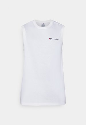 White sleeveless cotton t-shirt with a round neckline, featuring a small embroidered "Champion" logo in navy and red on the chest.