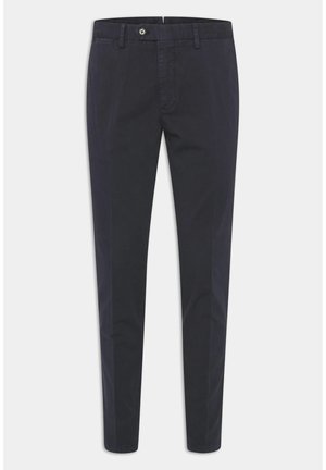 Navy blue cotton chinos with a straight-leg design, flat front, button closure, and belt loops. Smooth texture and no visible patterns.