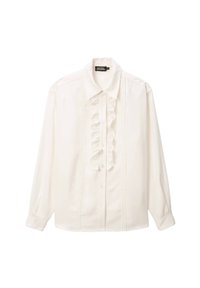 Blouse blanche à manches longues avec un col pointu, présentant un plastron froncé vertical et une fermeture à boutons, fabriquée en tissu lisse.