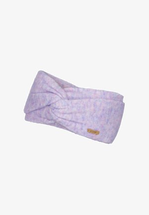 Bandeau en tricot de couleur violet pastel avec une finition texturée et un détail de design torsadé. Présente une petite étiquette de marque d'un côté.