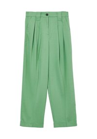 Pantalons plissés verts en tissu lisse, dotés d'une fermeture à bouton, de poches latérales et d'un design à pattes larges avec ourlets repliés.