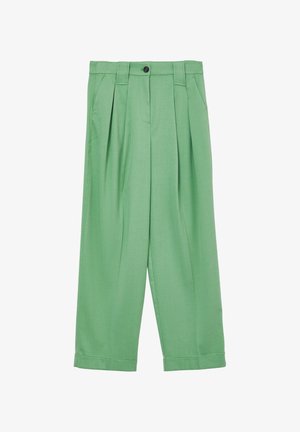 Pantaloni plissettati verdi realizzati in tessuto morbido, con chiusura a bottone, tasche laterali e una vestibilità ampia con risvolti.