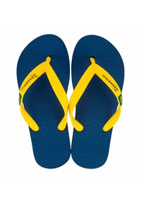 Infradito in gomma blu con cinturini gialli, suole testurizzate e il nome del marchio "Havaianas" stampato in nero sui cinturini.