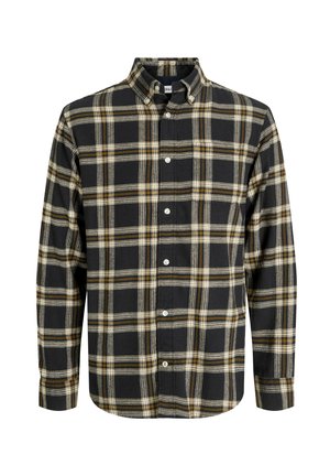 Black plaid shirt with yellow and white accents, button-down collar, long sleeves, and a front button placket. Cotton material, medium texture.