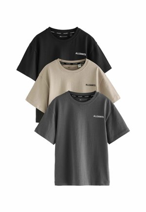 Drei kurzärmelige T-Shirts gestapelt: schwarz, beige und dunkelgrau, aus Baumwolle, mit Rundhalsausschnitt und Logo-Detail "ALLSAINTS" auf der Vorderseite.
