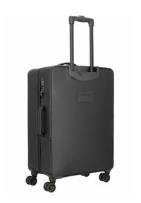 Valigia in policarbonato nera con manico retrattile, quattro ruote, maniglia laterale, lucchetto combinato e superficie testurizzata.