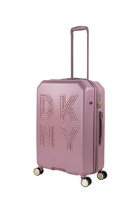 Maleta rígida DKNY en color rosa claro mate con logo en relieve, esquinas redondeadas, asa retráctil y cuatro ruedas dobles.