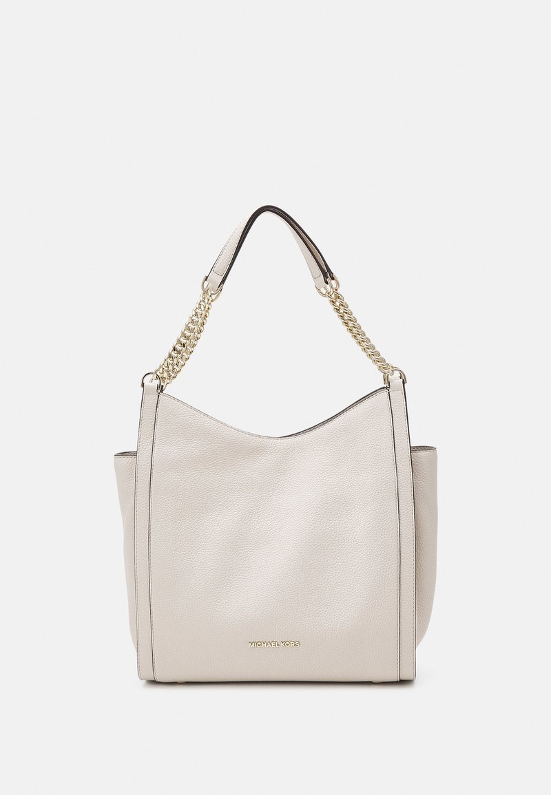 Sac à bandoulière en cuir crème avec des anses en chaîne dorée et le logo Michael Kors au centre avant.