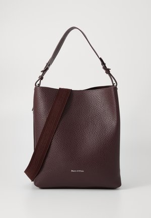 Burgundy leather shoulder bag with a textured finish, featuring a flat strap and a printed logo on the front. Designed in a bucket shape.