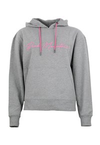 Sweat-shirt gris avec capuche, présentant des cordons de serrage roses et le texte "Peak Mountain". Matière douce, coupe ample et poche avant.