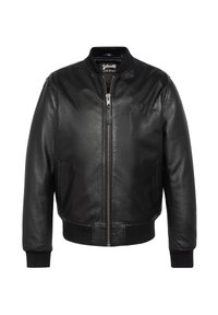 Chaqueta bomber de cuero negro con cremallera frontal, puños y dobladillo acanalados, bolsillos laterales y logo en relieve de Schott NYC en el pecho.
