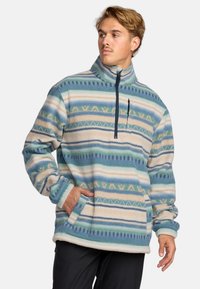 Mikina s fleece materiálom v modrej, krémovej a zelenej farbe s geometrickými vzormi; obsahuje vysoký golier, polovičný zips a bočné vrecká. Mäkka textúra.