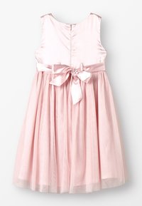 Světle růžové šaty s saténovým korzetem, tylovou sukní a ladící saténovou mašlí v pase. Mají zapínání na zip na zádech.