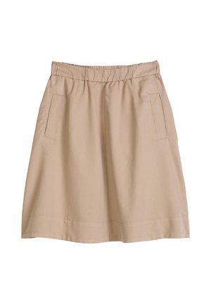 Jupe beige longueur genou avec taille élastique, coupe droite et deux poches verticales à l'avant.