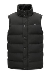 Veste sans manches matelassée noire avec col montant et fermeture à boutons-pression sur le devant.