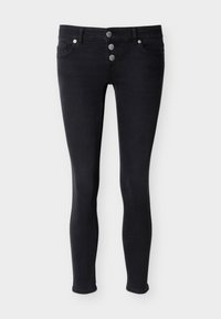 Μαύρο τζιν skinny παντελόνι με ψηλή μέση, τρεις μεταλλικά κουμπιά μπροστά, πέντε τσέπες και λεία υφή.