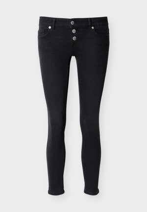Μαύρο τζιν skinny παντελόνι με ψηλή μέση, τρεις μεταλλικά κουμπιά μπροστά, πέντε τσέπες και λεία υφή.