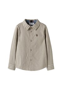 Bežina košulja s dugim rukavima i dugmadima, s tankim vertikalnim trakama i malim izvezenim grbom na lijevoj strani prsiju.