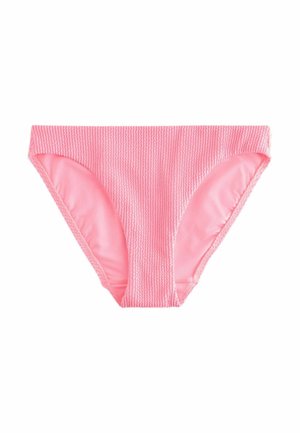 Pink bikinitrusser med tekstur og ribbet stofmønster samt glat inderfor, vist mod en hvid baggrund.