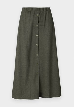 Jupe midi kaki avec une fermeture à boutons à l'avant comportant huit boutons, taille élastique et tissu lisse et léger.