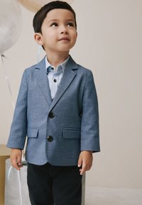 Blue checkered blazer with two buttons and front pockets, paired with a light blue collared shirt and dark pants. Smooth fabric texture.