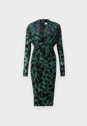Long-sleeve dress made from soft fabric, featuring a dark green base with black floral patterns, cinched waist, and V-neck design.