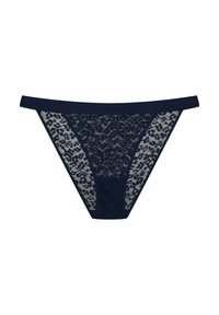 Granatowe koronkowe stringi z solidnym pasem i przezroczystymi koronkowymi bokami w kwiatowy wzór, zaprojektowane dla minimalnej osłony i komfortu.