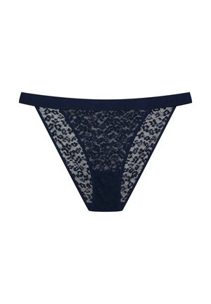 Granatowe koronkowe stringi z solidnym pasem i przezroczystymi koronkowymi bokami w kwiatowy wzór, zaprojektowane dla minimalnej osłony i komfortu.