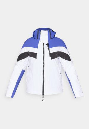 Krāsains ziemas jaciņa ar baltu pamatu, ziliem un melniem ģeometriskiem rakstiem, ar rāvējslēdzēju un kapuci. Gluda, izturīga materiāla.