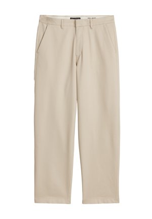 Beige broek met rechte pijpen, riemlussen, steekzakken aan de voorkant en een verborgen sluiting aan de voorkant.