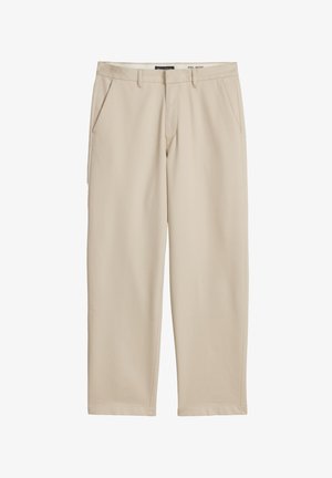 Beige broek met rechte pijpen, riemlussen, steekzakken aan de voorkant en een verborgen sluiting aan de voorkant.